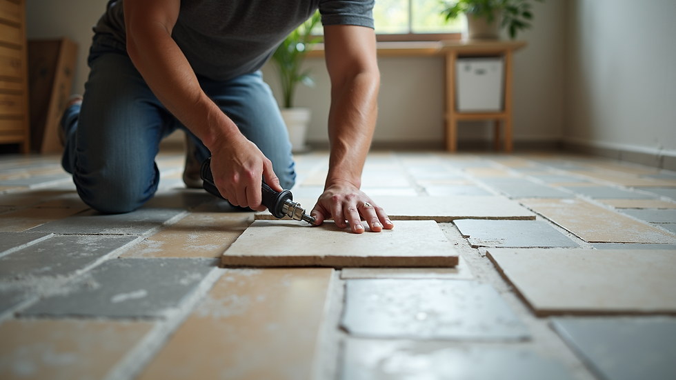 High angle view of a professional installing stone tiles on a floor