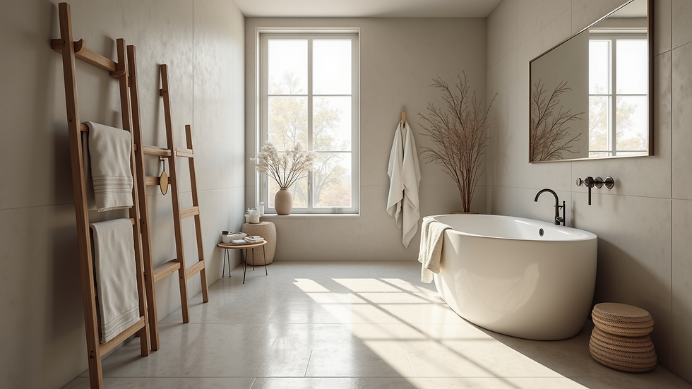 High angle view of bathroom with various tile samples displayed