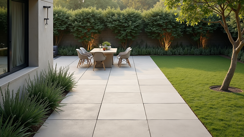 High angle view of a patio featuring large format tiles