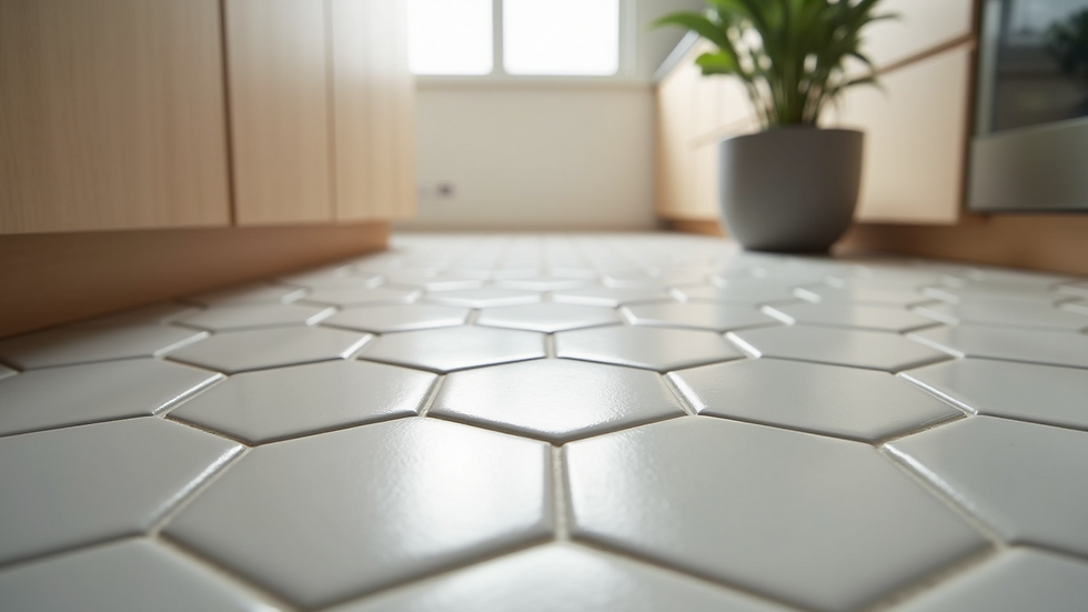 Close-up of hexagonal ceramic floor tiles in a modern kitchen