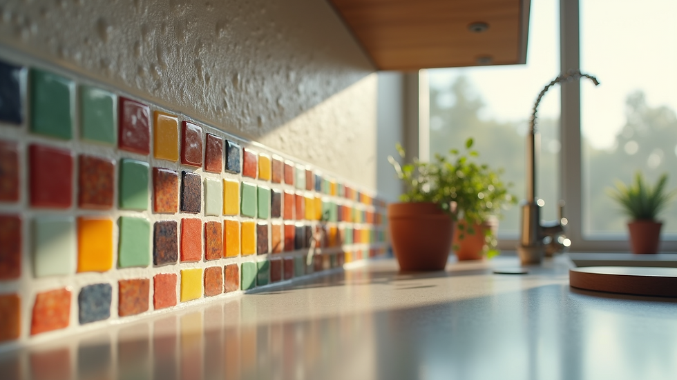 Eye-level view of kitchen backsplash with colorful mosaic tiles