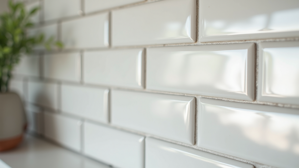 Close-up view of white subway tiles on kitchen wall