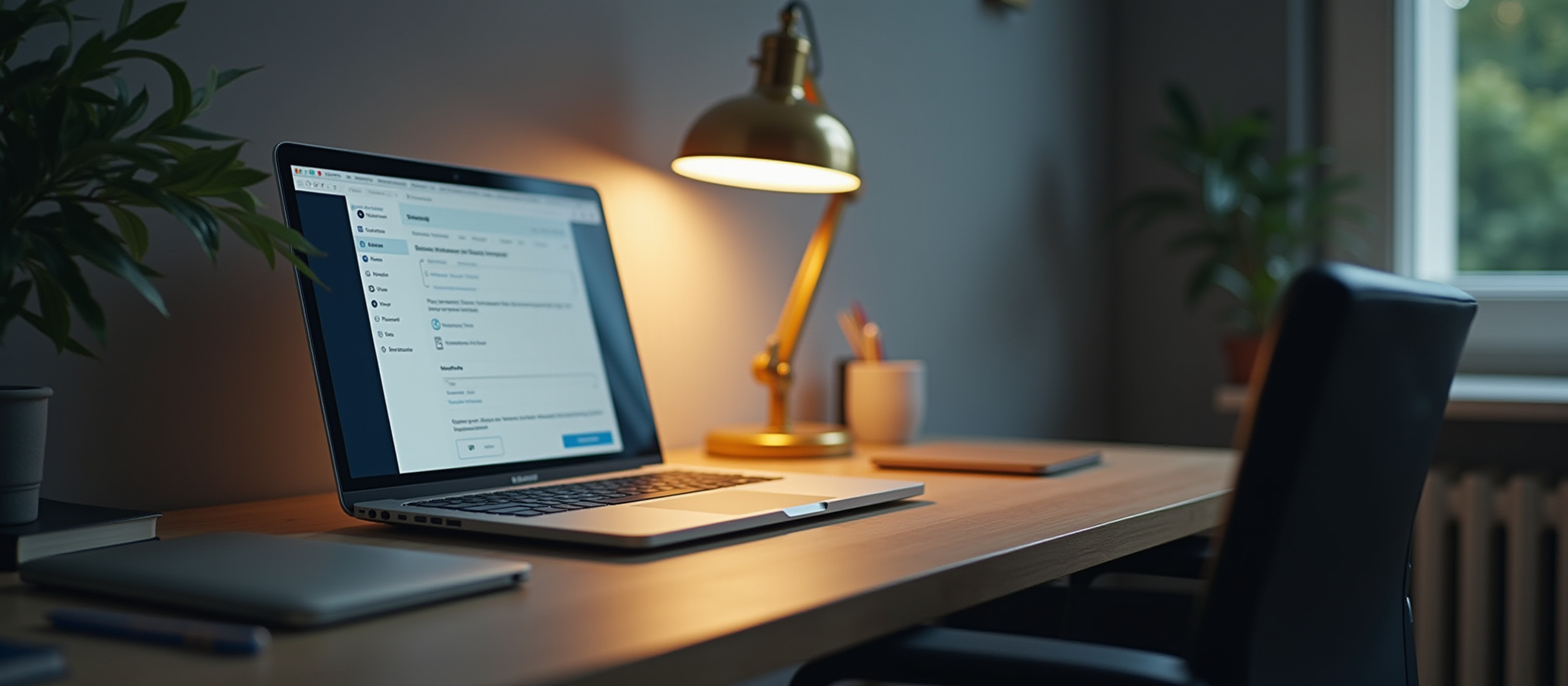 Dizüstü bilgisayar ofis masasında duruyor, lamba ve bitki detayları ile. Çalışma ortamı.