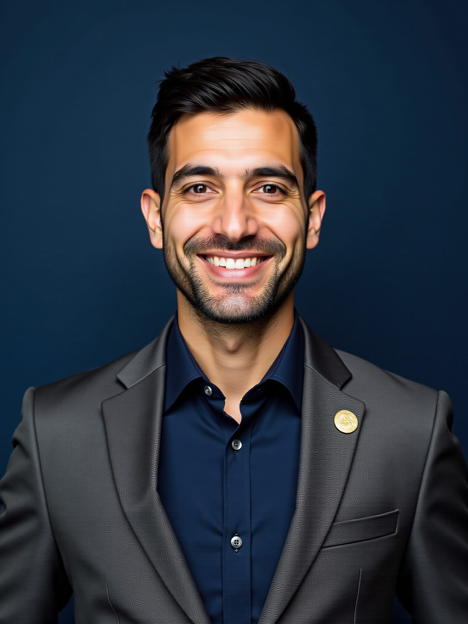 Gülümseyen genç adam portresi, gri ceket, mavi gömlek ve rozet takıyor.