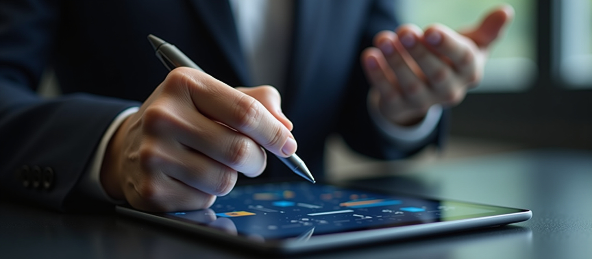 İş adamı, tablet üzerinde kalemle çizim yapıyor, toplantı sırasında fikir sunuyor.