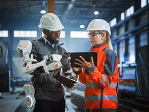 Two engineers in hard hats, one with a robotic arm, discuss while looking at a tablet in a factory. One wears a red safety jacket.