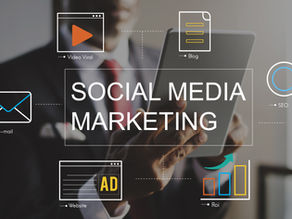 Businessman holding a tablet beside a social media marketing graphic with icons labeled Video Viral, Blog, SEO, E-mail, Website, Roi