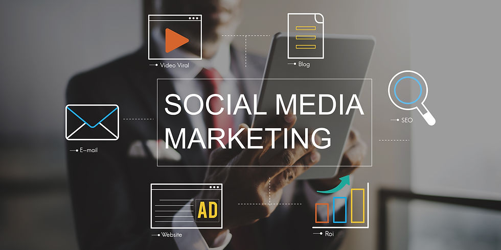 Businessman holding a tablet beside a social media marketing graphic with icons labeled Video Viral, Blog, SEO, E-mail, Website, Roi