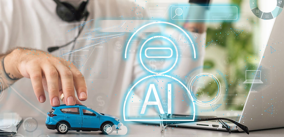 Hand touching a blue toy SUV beside a laptop, with glowing AI interface graphics in a bright office.