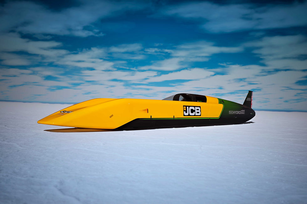 Yellow JCB land-speed car on white salt flats under a cloudy blue sky.