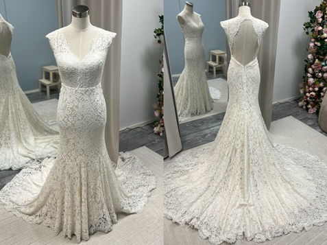 White Dress kaunis kokopitsinen kapealinjainen puku avoimella selällä. Koko 34, pituus 165 cm + kengät 5 cm. Hinta 800€.