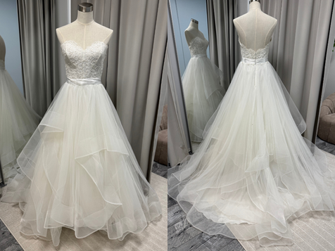 Wtoo by Wattersin olkaimeton A-linjainen puku. Puvussa kerrostettu tyllihelma ja kirjailtu pitsiyläosa. Koko 36, lyhennetty noin 166 cm. Hinta 500 €.