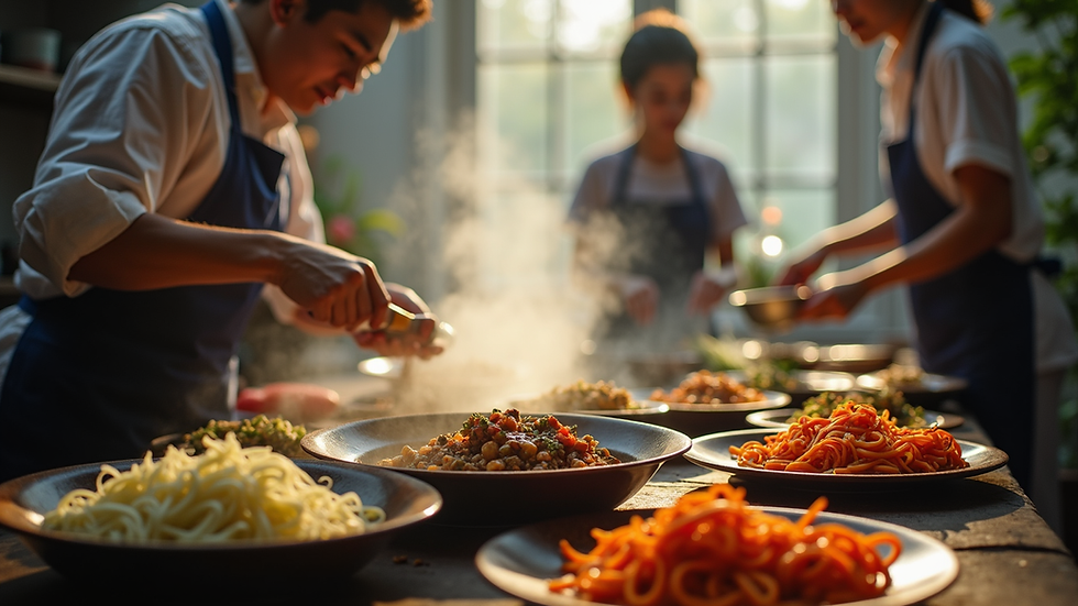 Eye-level view of a Vietnamese cooking class with students learning to prepare traditional dishes