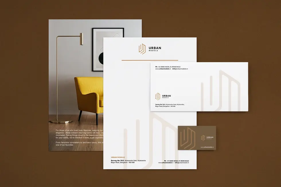 several pieces of stationery with urban module branding on them