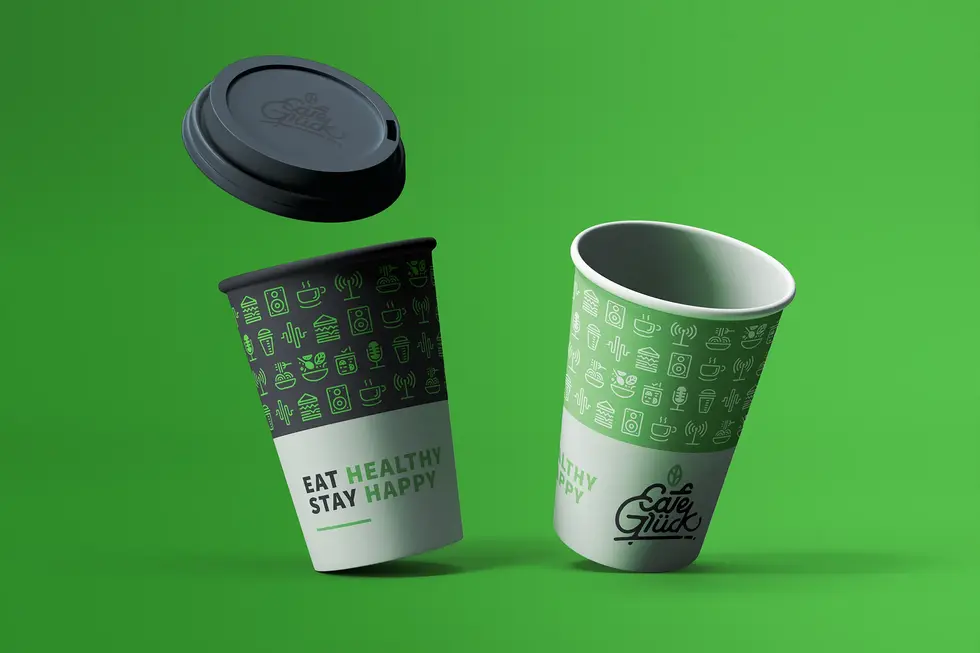 a cup that says eat healthy stay happy on it