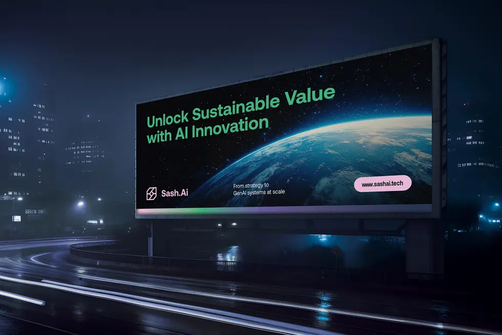 A billboard displaying "Unlock Sustainable Value with AI Innovation," highlighting future sustainability efforts.