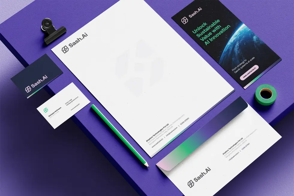 Bold business stationery design featuring an electric gradient on a purple background, inspired by modern AI technology.