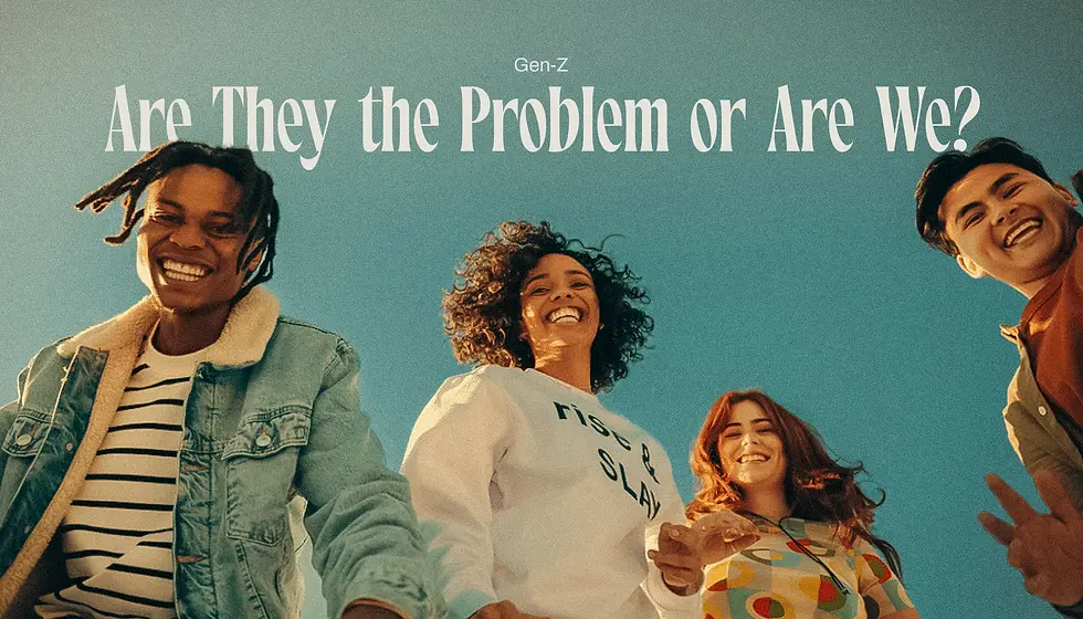 Smiling group of four friends under blue sky, looking down at camera. Text above: "Gen-Z Are They the Problem or Are We?"