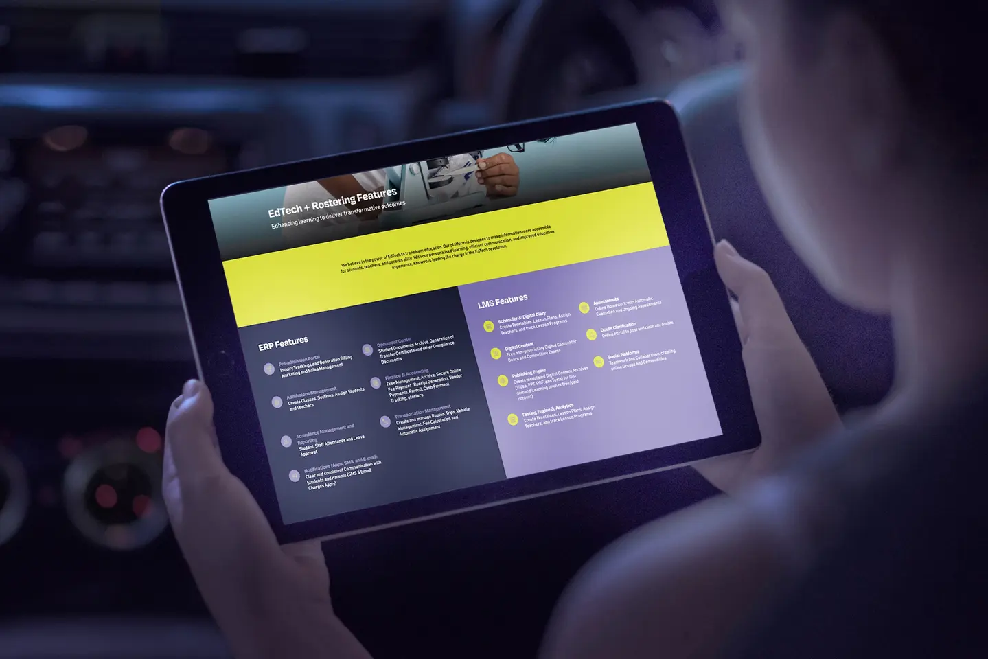 a person is holding a tablet with a page that shows about the company knowvo