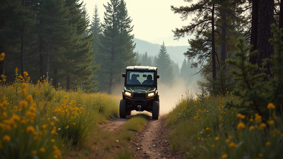 Wide angle view of a UTV driving through a forest trail in Montana