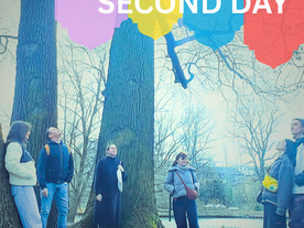 People standing in a circle, within a circle of old oak trees, looking up