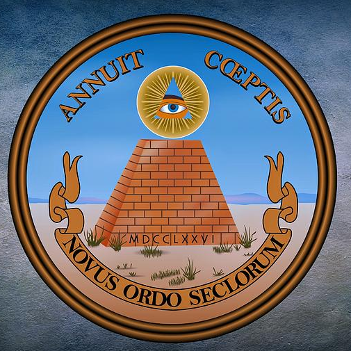 The Reverse Side: 13 Steps (Colonies) founded in 1776, All Seeing Eye of God, "He has favored our undertakings," and "a new order of the ages"