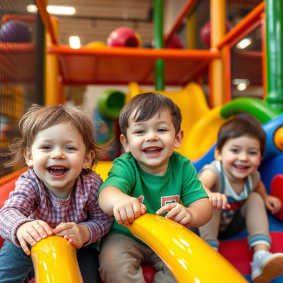 Three toddlers smiling and playing on a colorful slide in an indoor playground