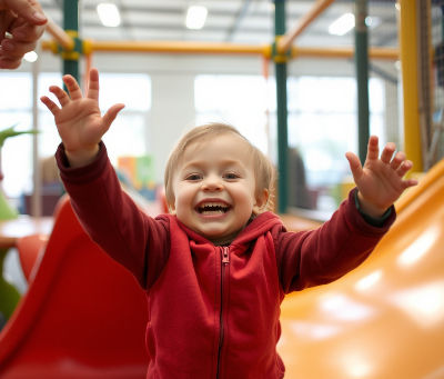 Smiling child in a red jacket reaches out with both arms in a play area.