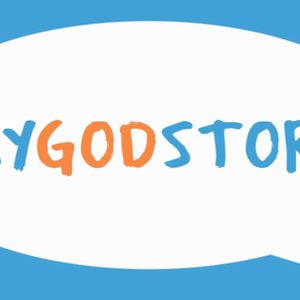 Text "MYGODSTORY" in a speech bubble, blue background.