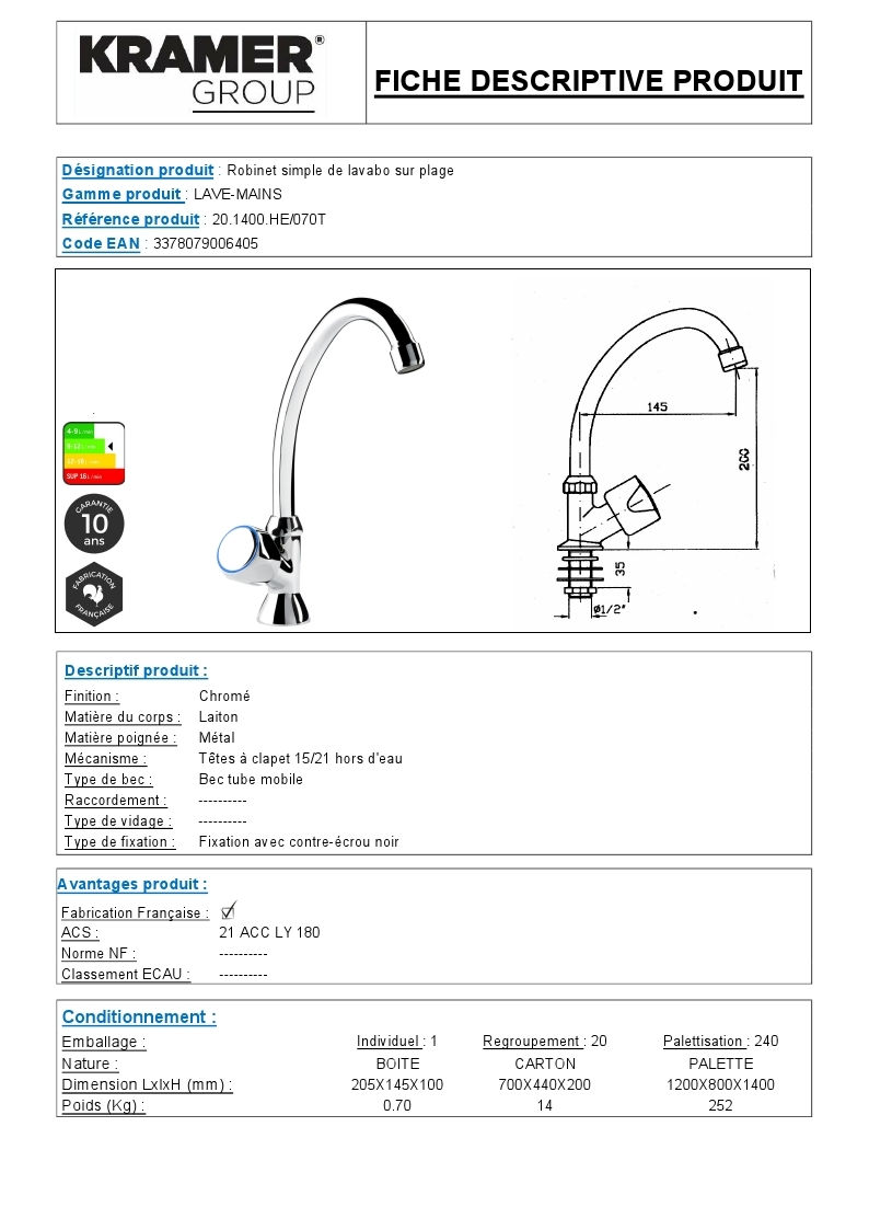 Miniature : LAVE-MAINS- Robinet simple de lavabo sur plage tête à clapet 15/21 hors d'eau