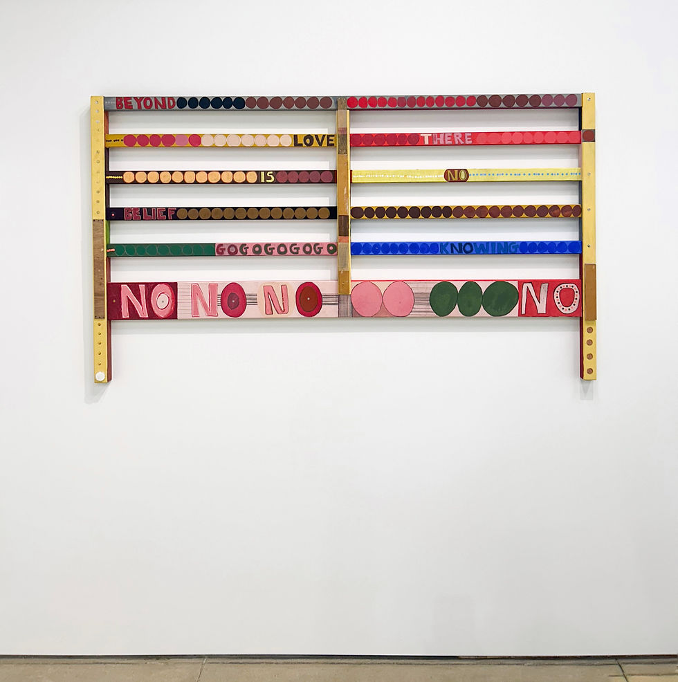 Hannah Tishkoff, Beyond Love There is No Belief. 2026. Acrylic, oil, and pennies on headboard. 36 ¼ x 63 x 2 in. OCHI Gallery. Photo credit: Katherine Kesey.