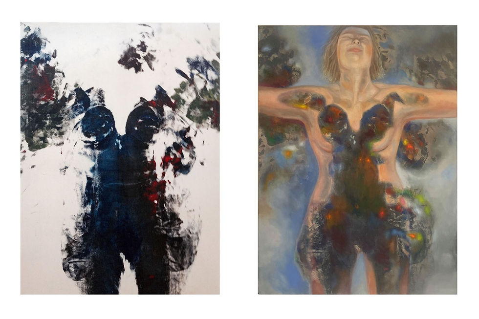 Birthday Suit. Oil painting over acrylic body print from 1978 (before and after). 30x40 inches. 2023.