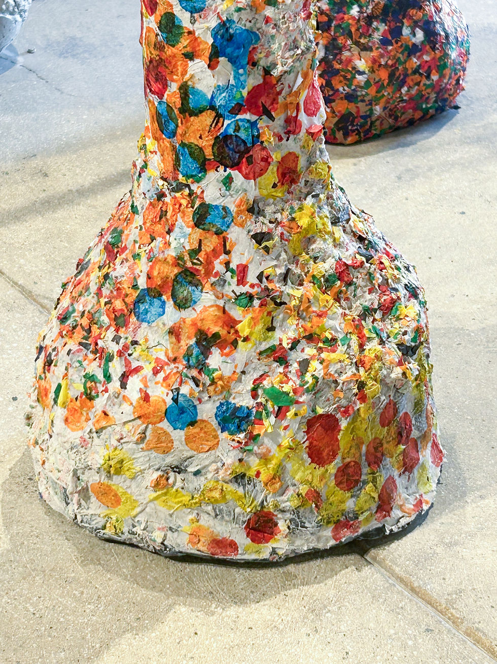 Detail - Talya Petrillo, Quiet, Not Dramatic. 2025. Cardboard, foam, paper, paper pulp, copper, confetti, concrete, 2 rocks. Dimensions variable (approx. 6 x 5.5 ft.) Reisig & Taylor Contemporary. Photo credit: Katherine Kesey.