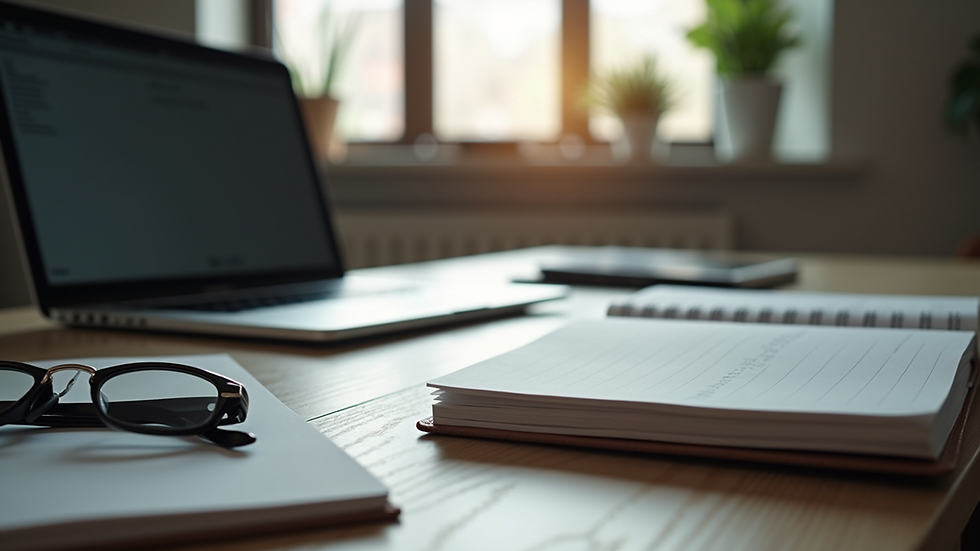 Eye-level view of a professional workspace with a laptop and notebook
