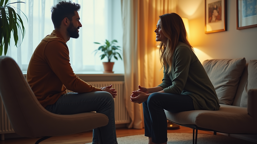 Eye-level view of a couple sitting together in a cozy counseling room, engaged in conversation
