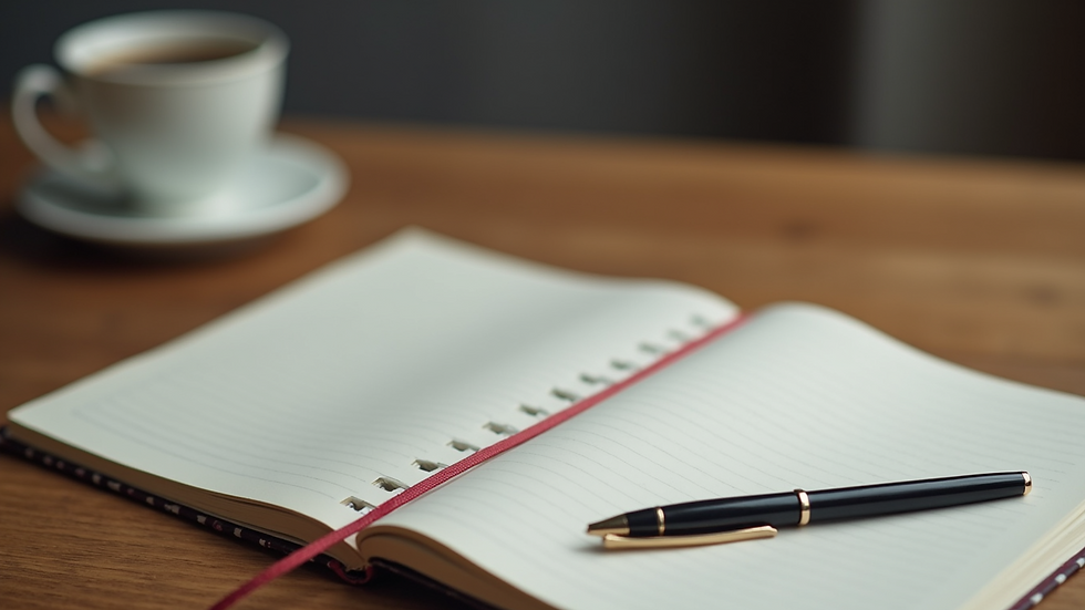 Close-up view of a journal and pen on a wooden table, symbolizing self-reflection and therapy work