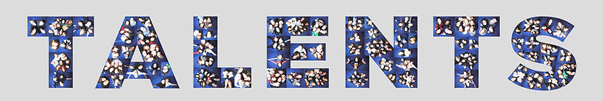 Mosaïque photo entreprise, le mot TALENTS composé de portraits du studio L'Œil du Plafond, fond bleu