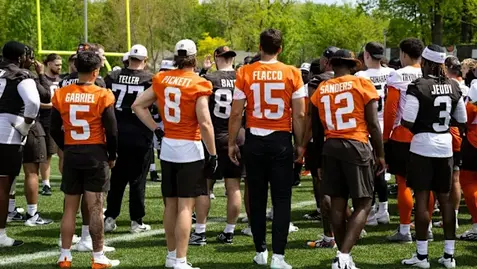 Joe Flacco, Dillon Gabriel, Kenny Pickett, and Shedeur Sanders at Cleveland Browns' OTAs