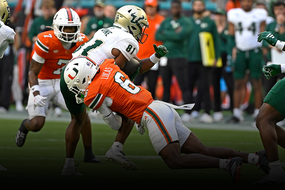MIAMI GARDENS, FL - SEPTEMBER 13: Miami defensive back Xavier Lucas (6) tackles USF wide receiver Christian Neptune (81) after a reception in the first quarter as the Miami Hurricanes faced the South Florida Bulls on September 13, 2025, at Hard Rock Stadium in Miami Gardens, Florida. (Photo by Samuel Lewis/Icon Sportswire)