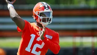 Cleveland Browns rookie quarterback Shedeur Sanders throws a pass at OTAs.
