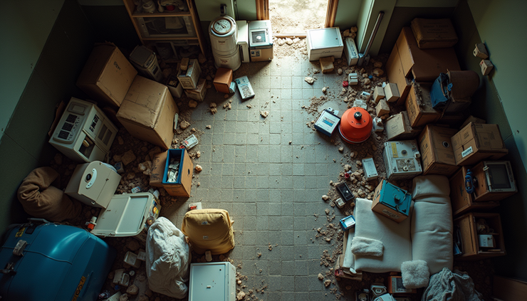 Vue en plongée d’un intérieur encombré avec des piles d’objets et déchets