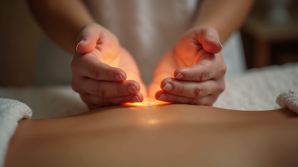Close-up view of a person receiving Reiki healing with hands hovering above their body