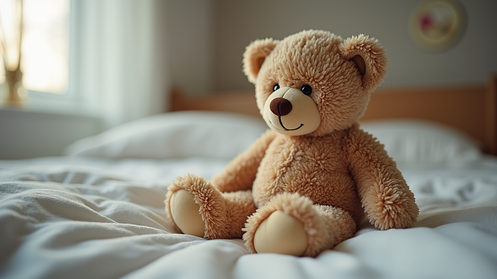 Close-up view of a teddy bear sitting on a child's bed