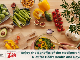 Person mixes salad in a bowl laid on a table with a spread of fresh vegetables and fruits . Text: "Enjoy the Benefits of the Mediterranean Diet for Heart Health and Beyond."
