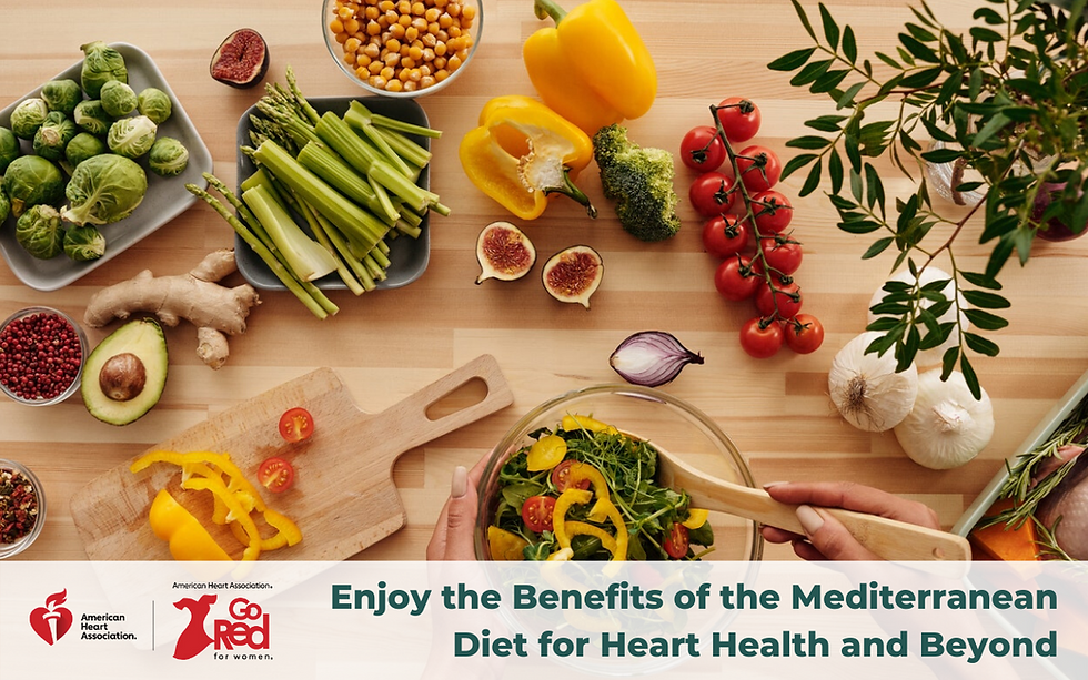 Person mixes salad in a bowl laid on a table with a spread of fresh vegetables and fruits . Text: "Enjoy the Benefits of the Mediterranean Diet for Heart Health and Beyond."