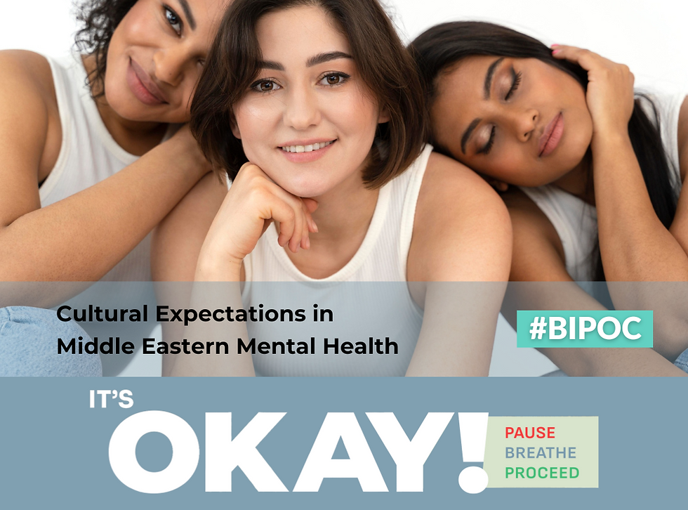 Three women of various ethnicities smile and relax facing the camera. Text: "IT'S OKAY! Pause, Breathe, Proceed #BIPOC: Cultural Expectations in Middle Eastern Mental Health."