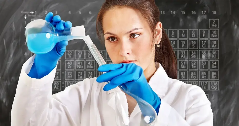 A woman scientist in a white coat pours blue liquid between flasks against a chalkboard featuring the periodic table of elements in the background.