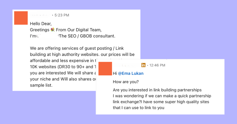 Dva primera slabega LinkedIn marketinga oz. mreženja iz zasebnih sporočil.