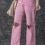Thumbnail: Rhinestone-Embellished High-Waisted Cut-Out Wide-Leg Jeans in Pink