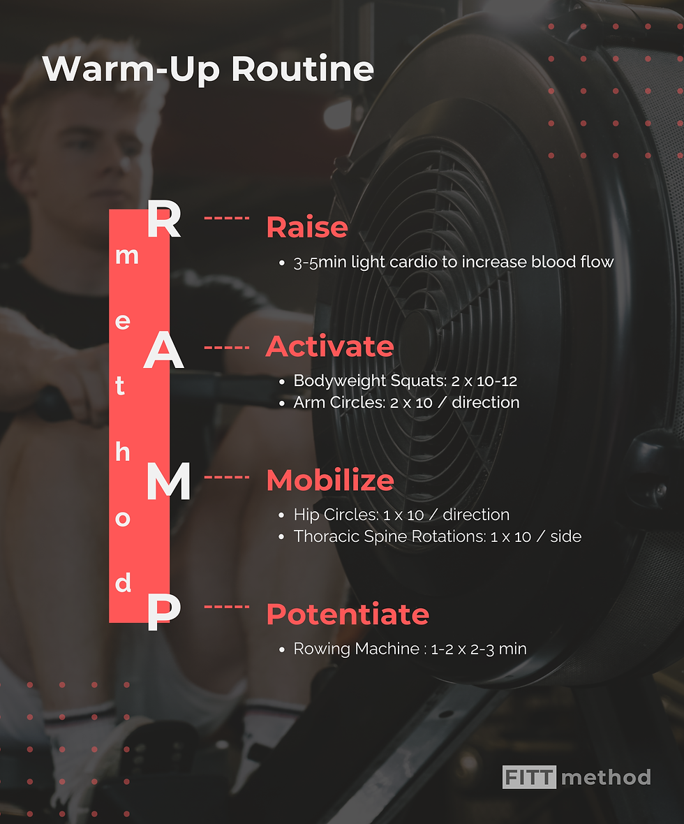 Graphic on how to warm up to use a rowing machine